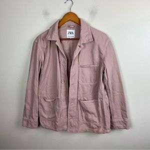 Zara Blush Pink Denim Chore Utility Jean Jacket Size‎ Small Oversized